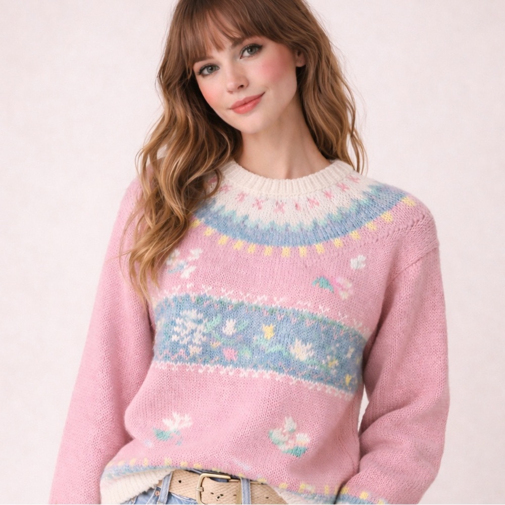 Vintage Simpatico Pastel Cottagecore Floral Fair Isle Knit Sweater Small